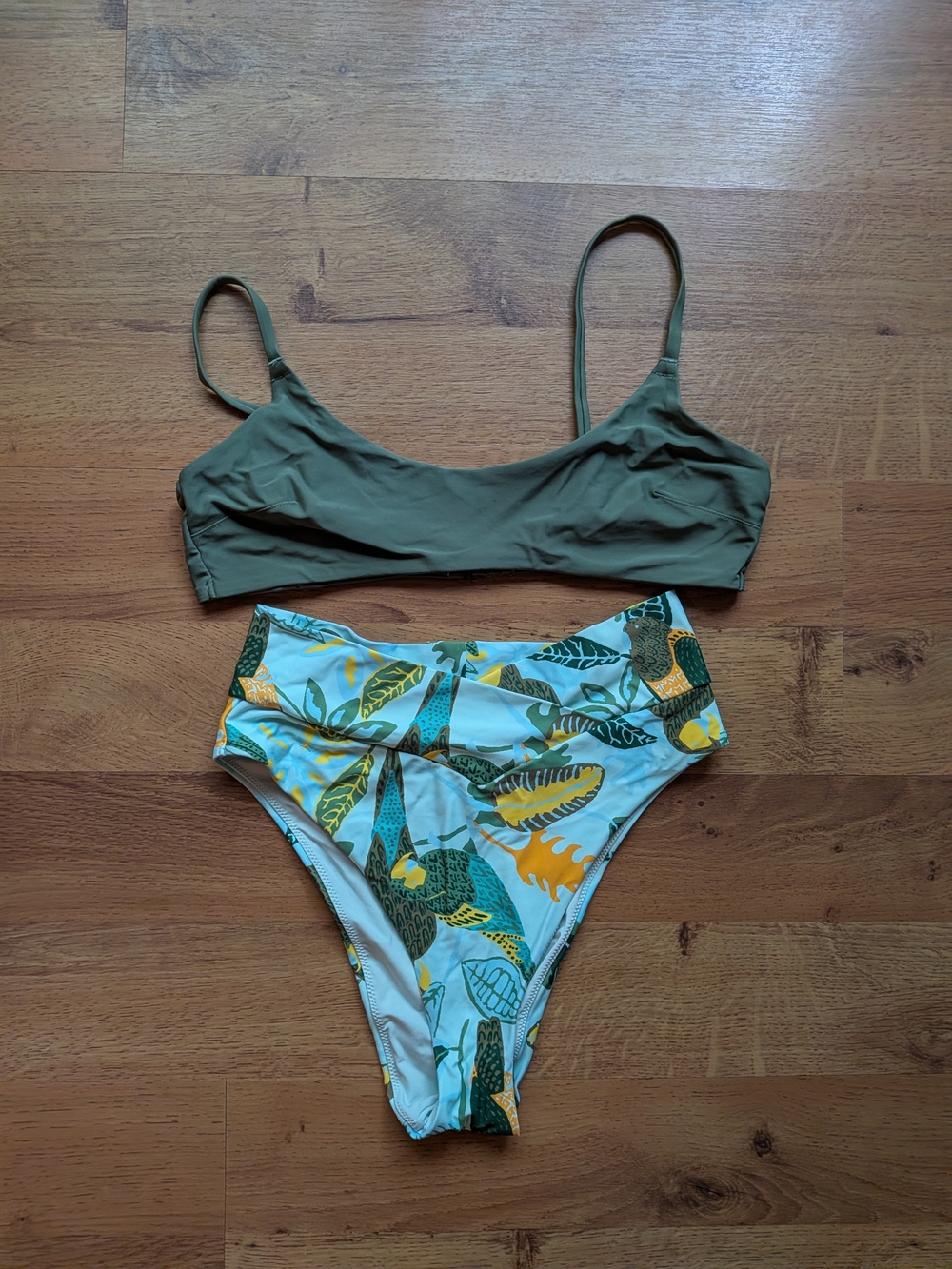 aerie Olive Green Scoop Bikini Top with Tropical Leaf High-Waist Bottoms